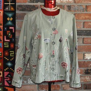 Coldwater Creek Sage Green Botanical Floral Print Button Up Jacket Coat L